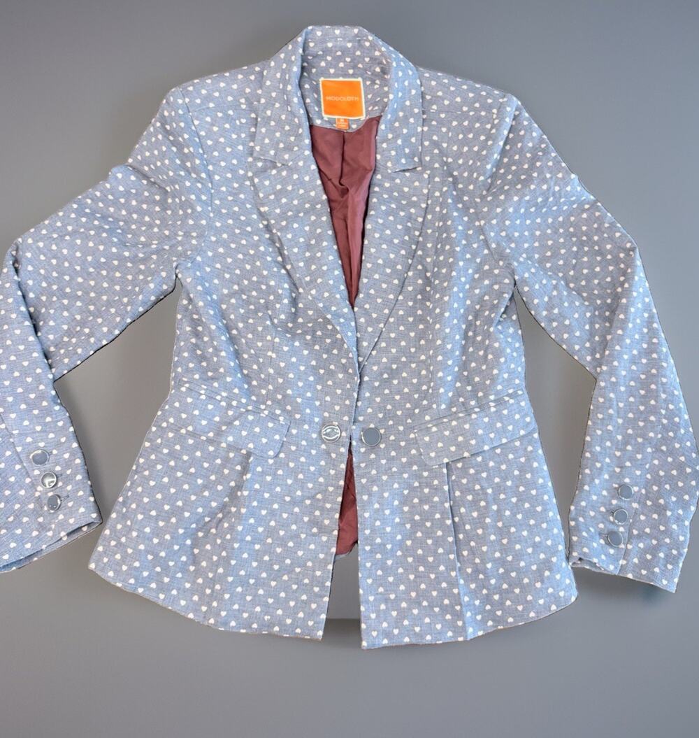 ModCloth Womens M Blue White Heart Print Cotton Blazer Jacket Retro Preppy Lined